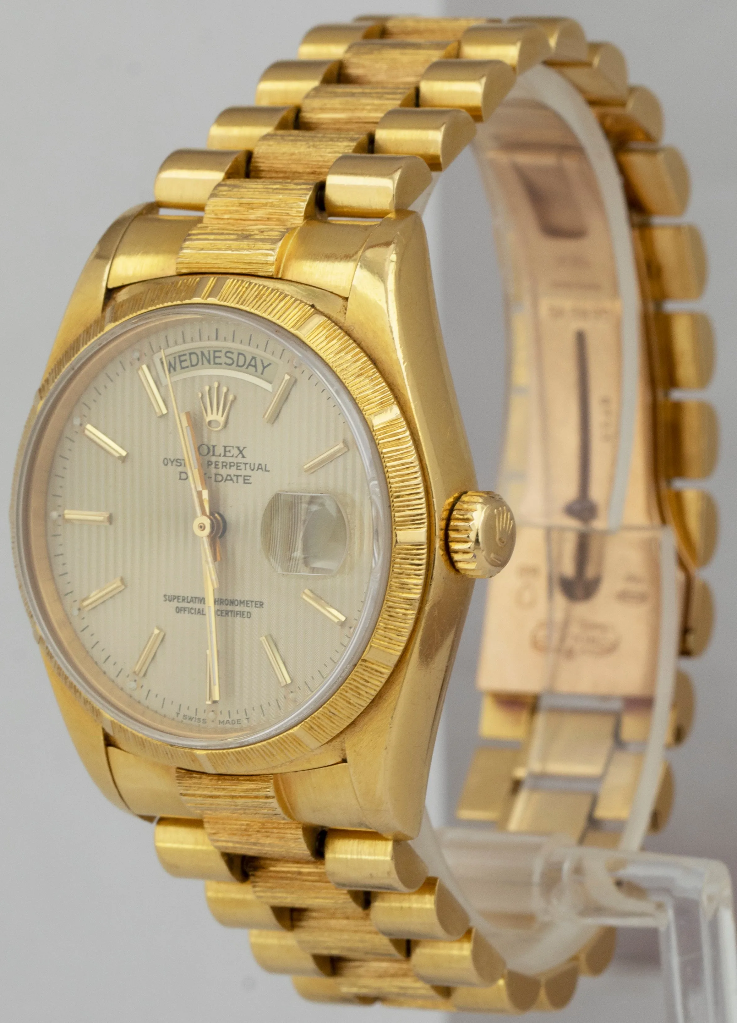 Rolex Day-Date President 36mm Silver Tapestry Bark 18K Yellow Gold Watch 18078