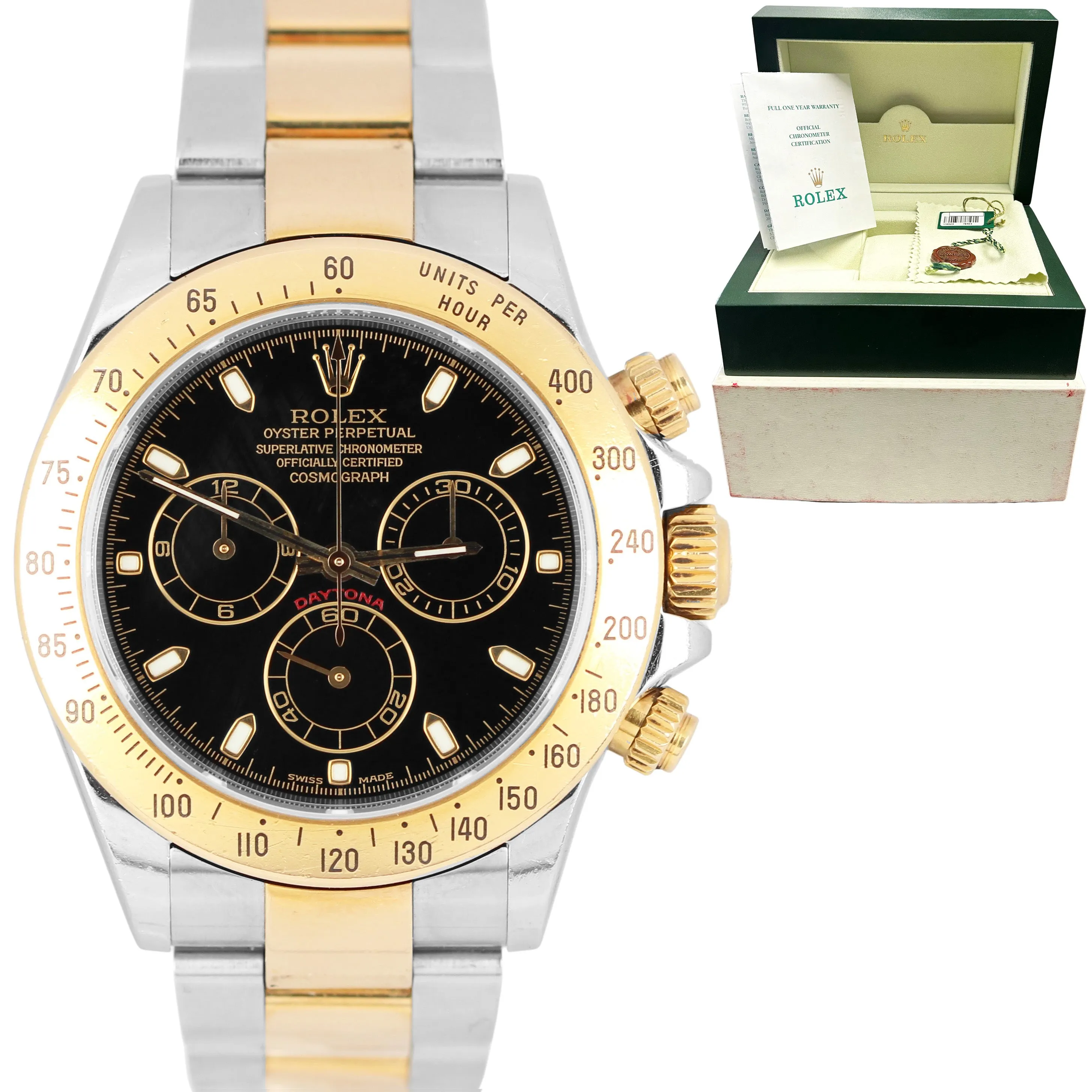 Rolex Daytona Two-Tone 18K Yellow Gold Stainless Black 40mm 116523 Watch B&P