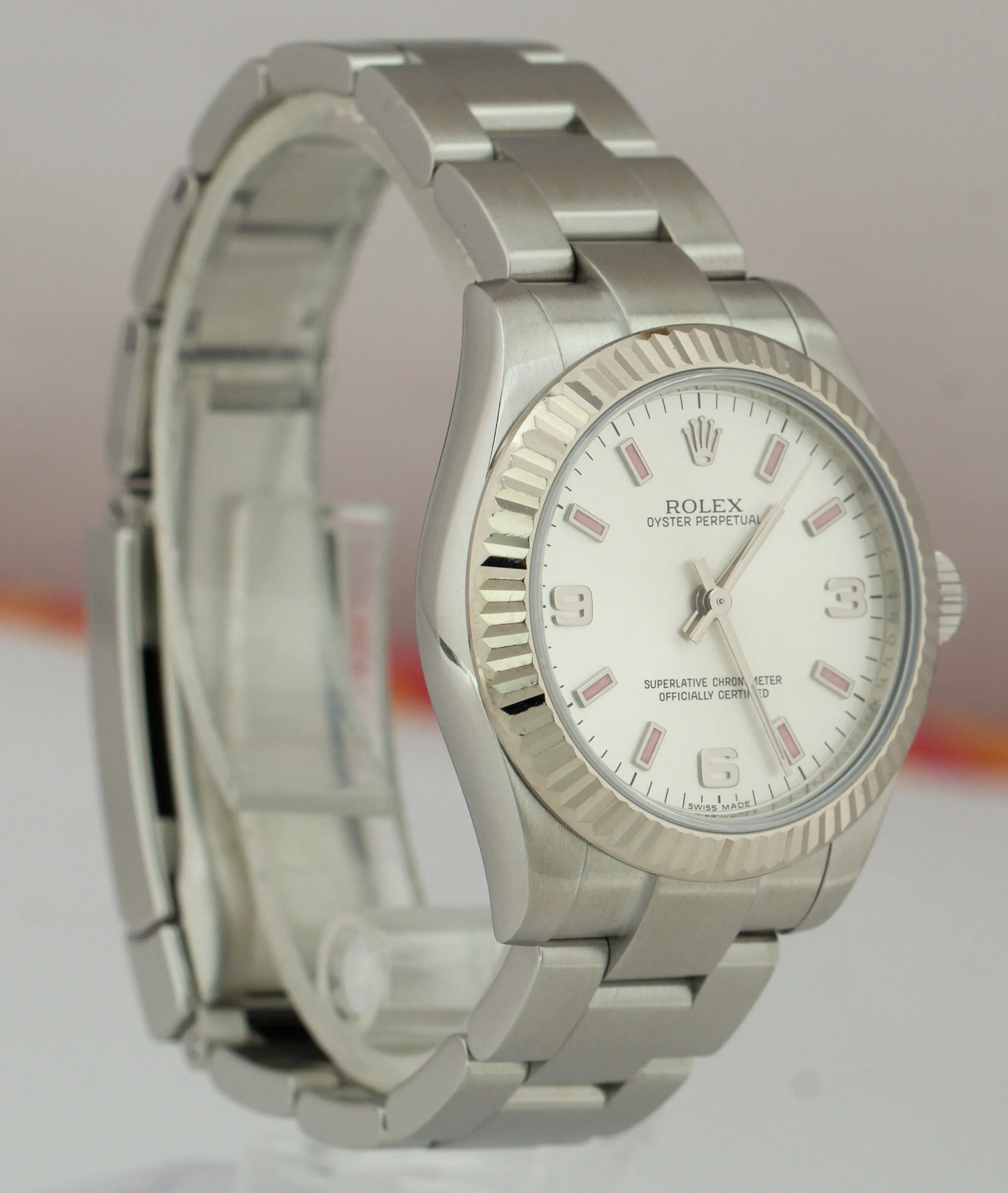 Rolex Oyster Perpetual 31 Silver Pink 31mm Mid-Size Oyster Fluted 177234 Watch