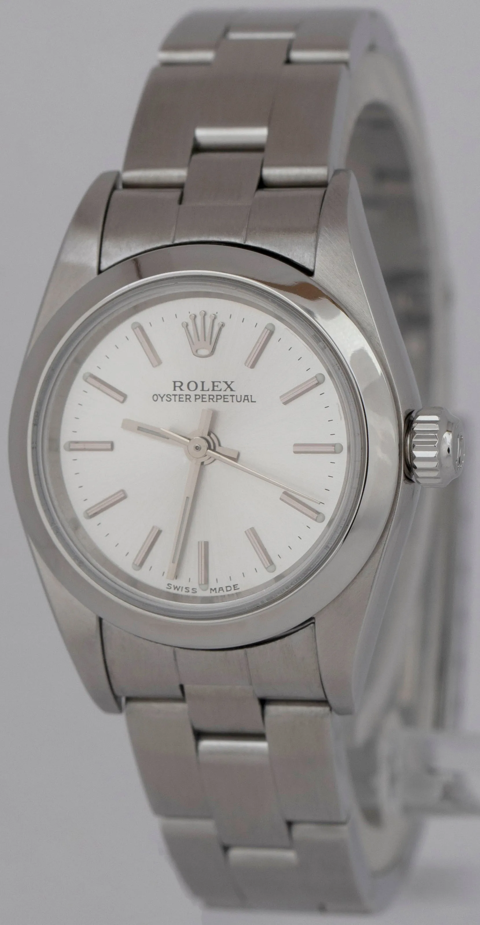 Rolex Oyster Perpetual SILVER DIAL 24mm Stainless Steel NO-HOLES Watch 76080