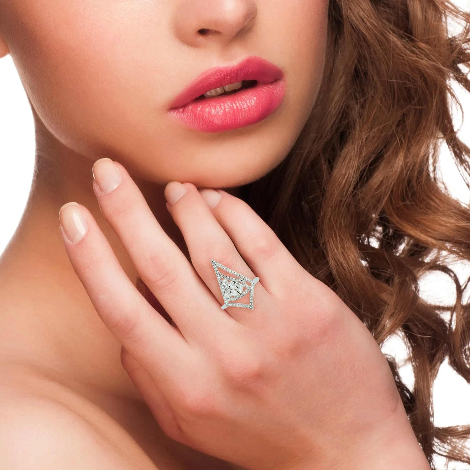 Rose Cut Diamond Geometric Cocktail Ring In 18K White Gold Jewelry Gift