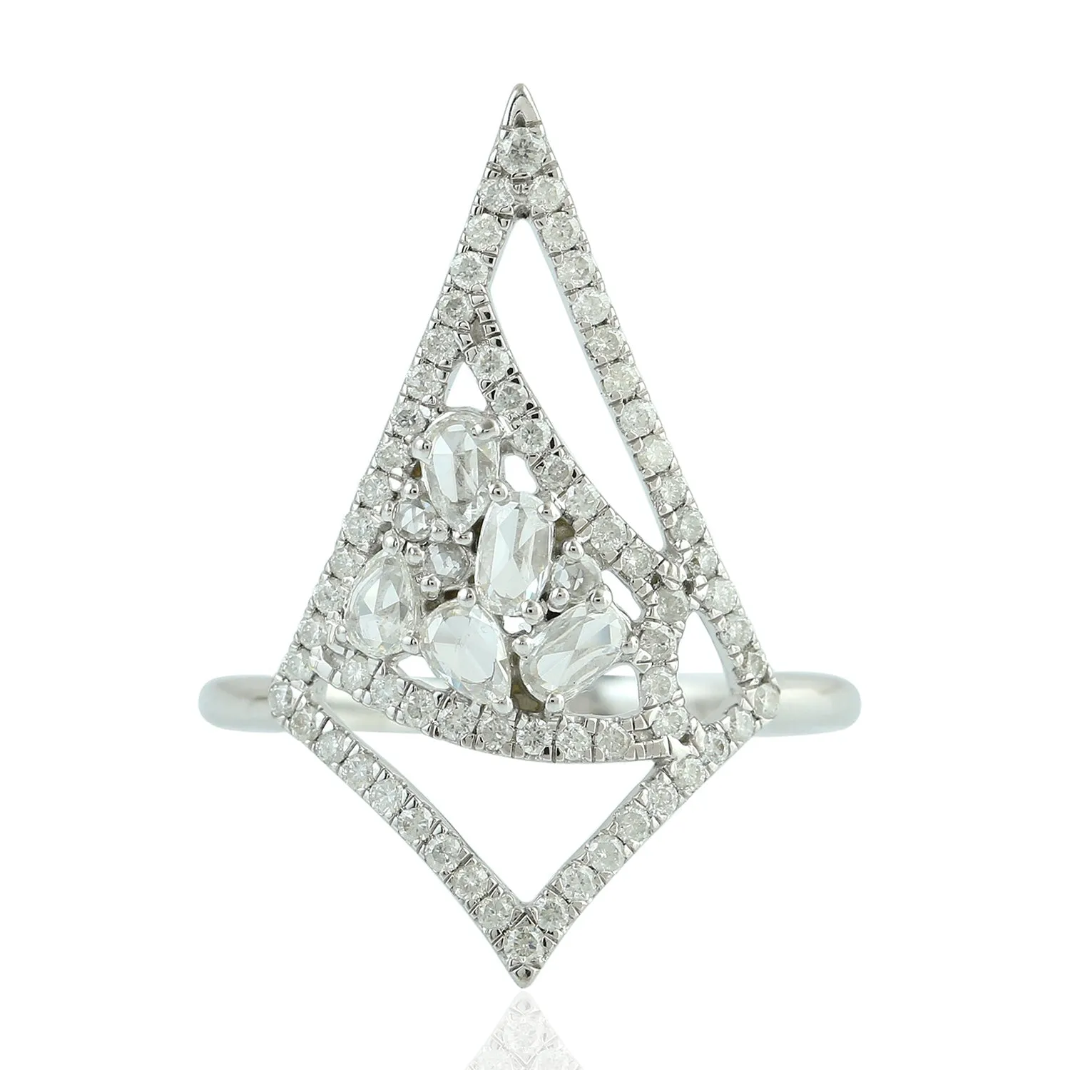 Rose Cut Diamond Geometric Cocktail Ring In 18K White Gold Jewelry Gift