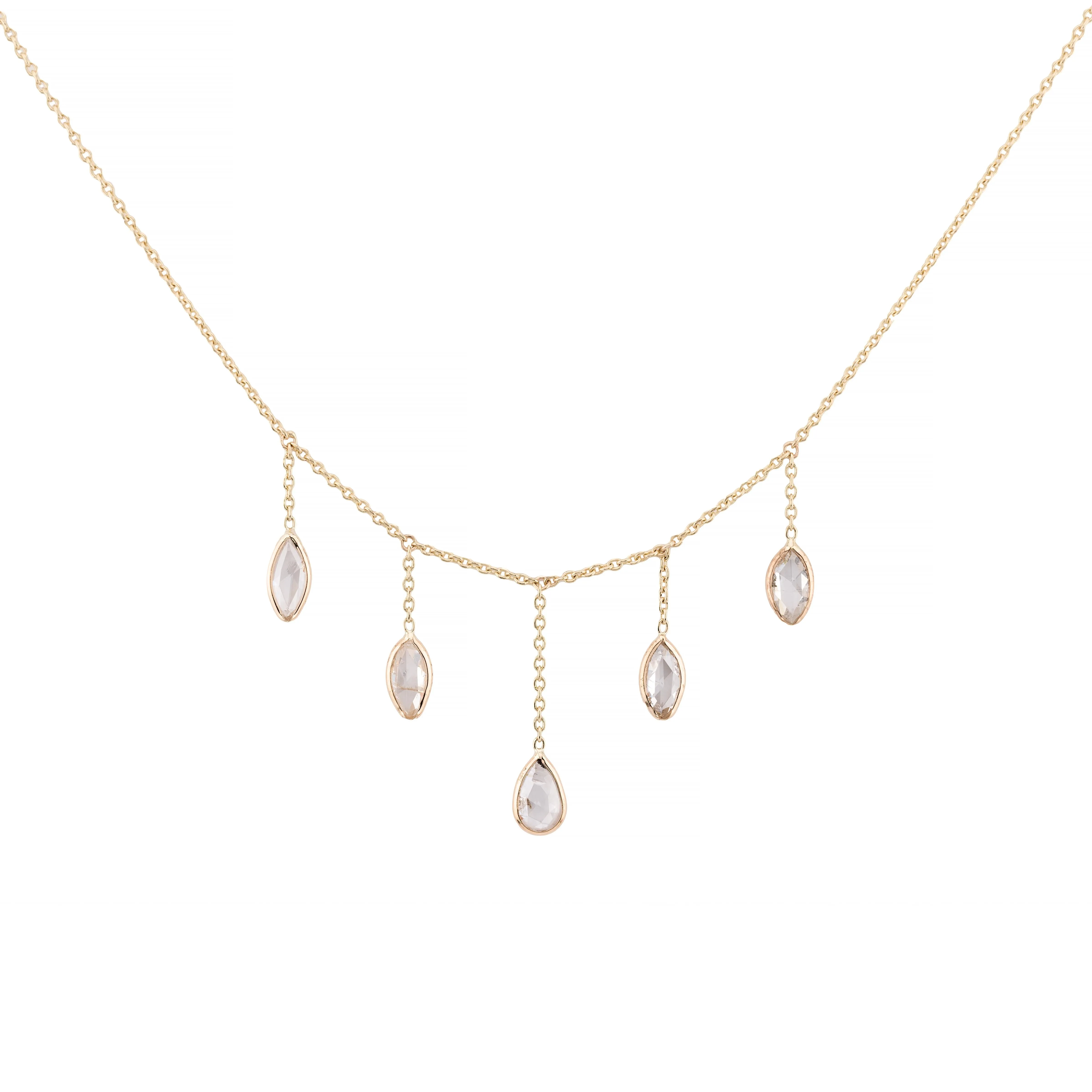 Rose Cut Pear & Marquise Shape Diamond Fringe Necklace in 14K Yellow Gold