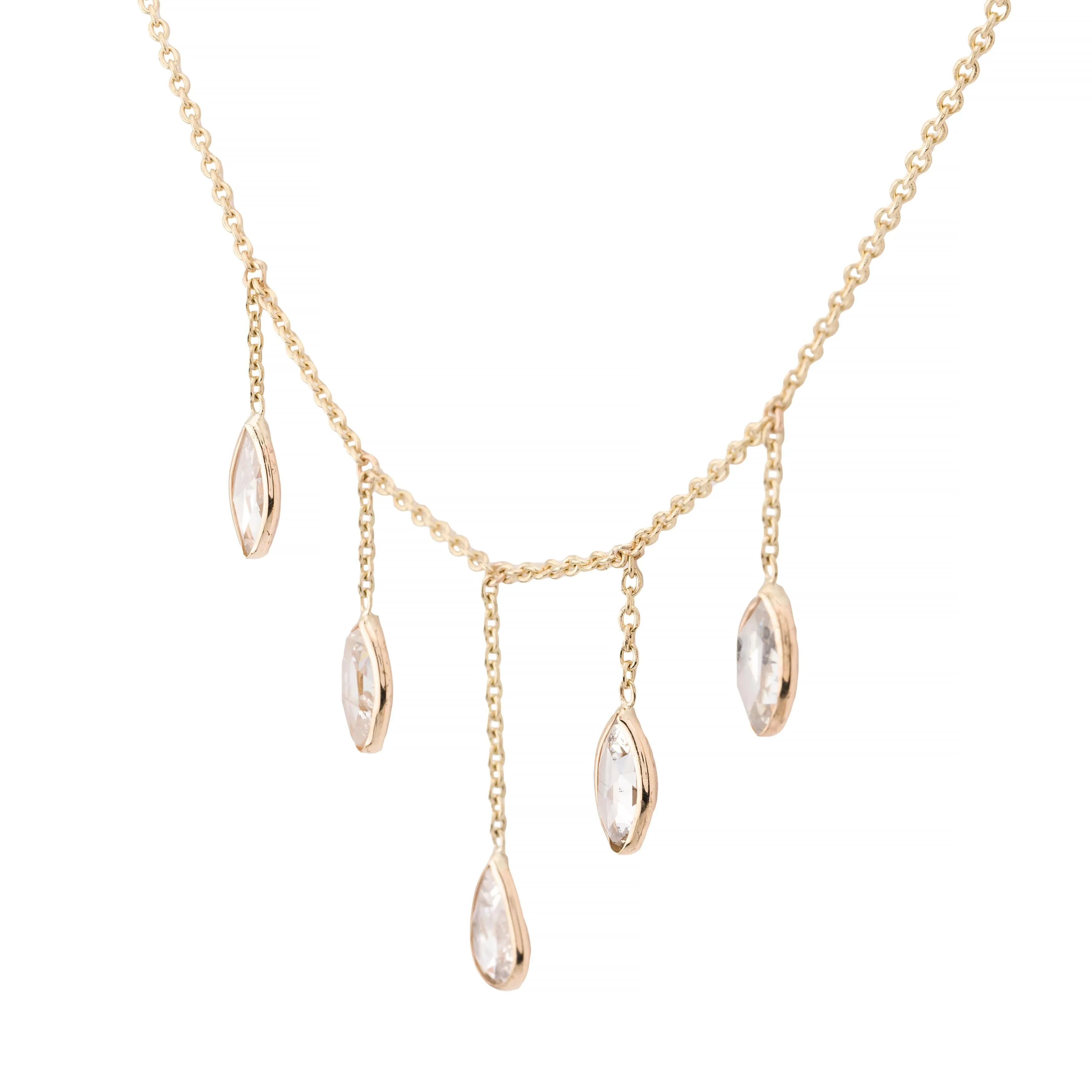 Rose Cut Pear & Marquise Shape Diamond Fringe Necklace in 14K Yellow Gold
