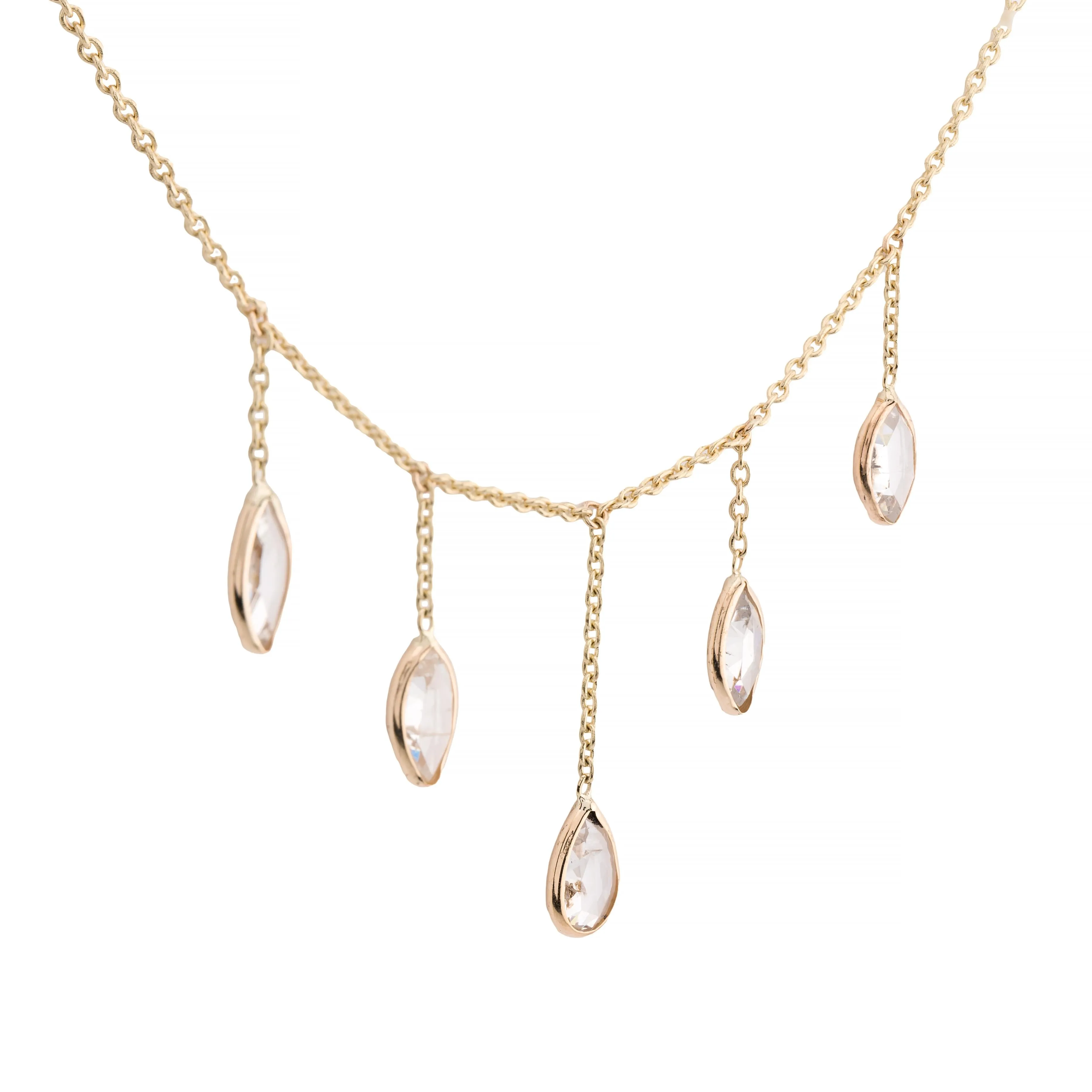 Rose Cut Pear & Marquise Shape Diamond Fringe Necklace in 14K Yellow Gold