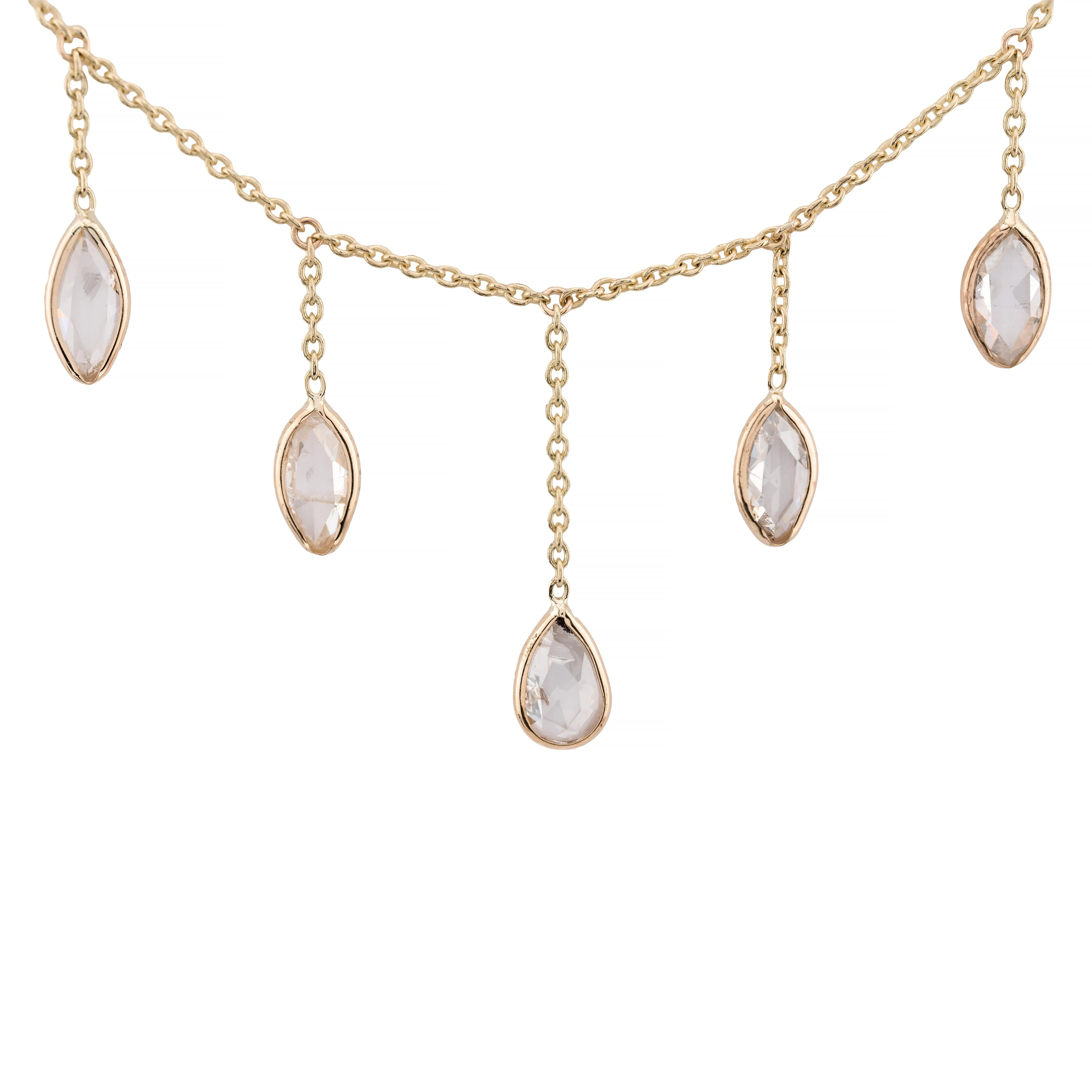 Rose Cut Pear & Marquise Shape Diamond Fringe Necklace in 14K Yellow Gold
