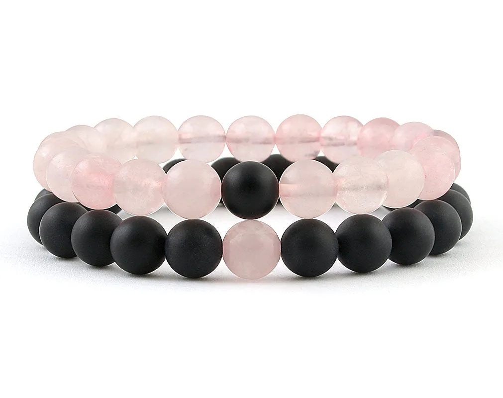 Rose quartz and black matte onyx couple bracelets