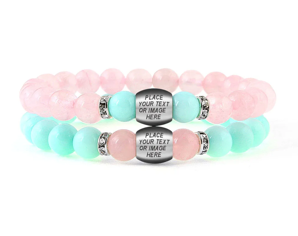 Rose quartz and mint jade personalized couple bracelets