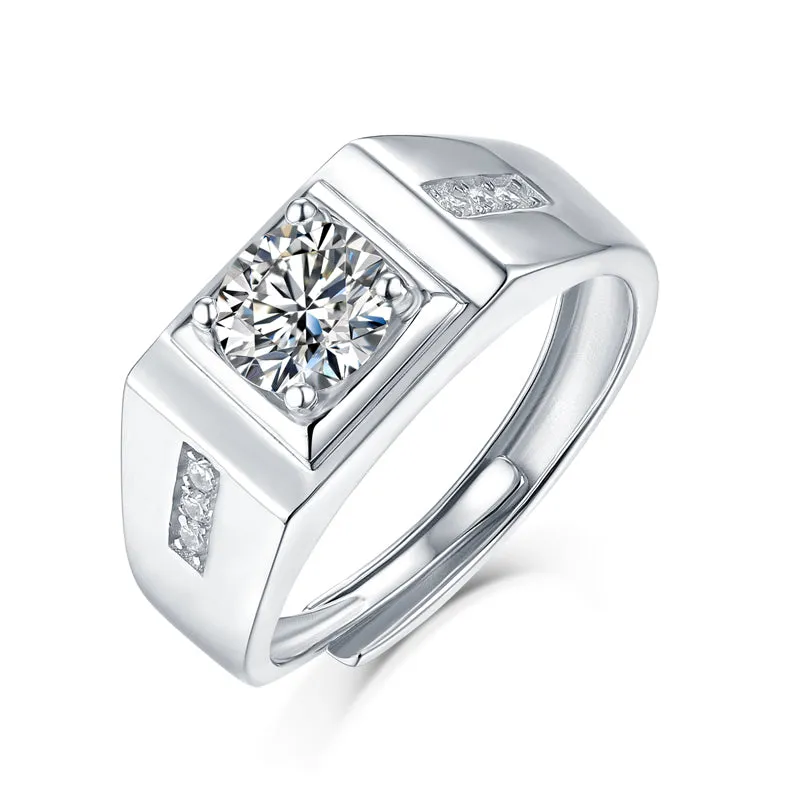 Round Cut Moissanite Diamond Solitaire Men's Ring with Adjustable Size