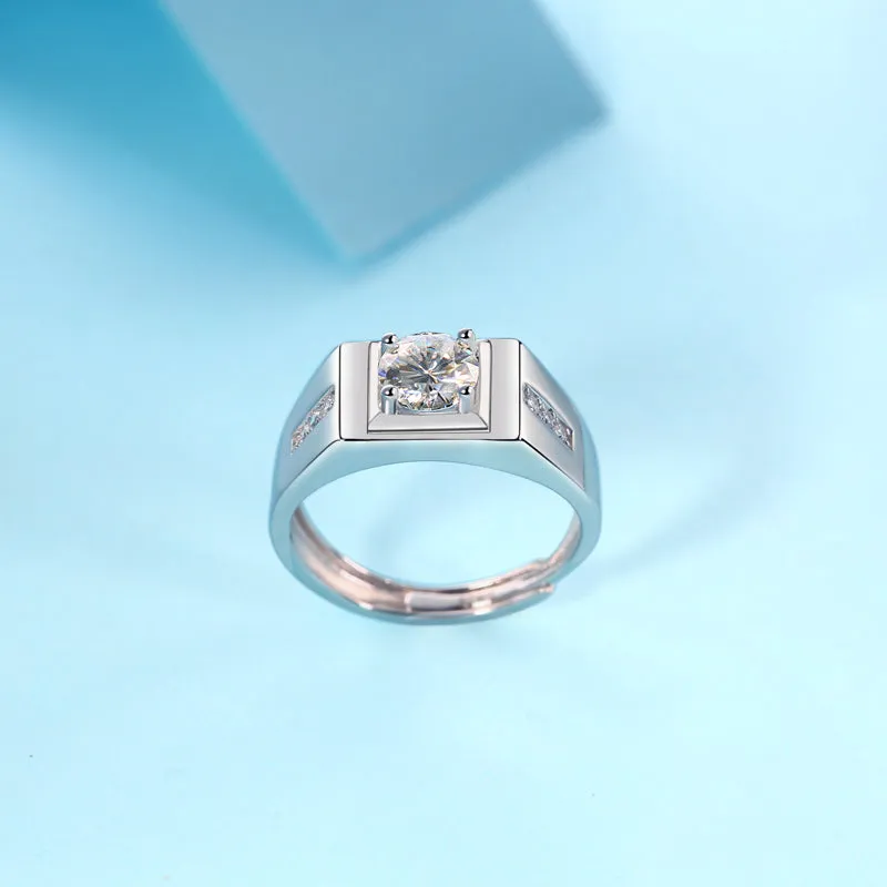 Round Cut Moissanite Diamond Solitaire Men's Ring with Adjustable Size