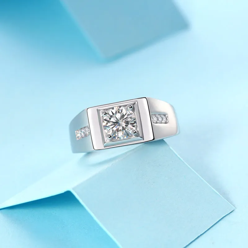 Round Cut Moissanite Diamond Solitaire Men's Ring with Adjustable Size