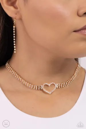 Rows of Romance - Gold - White Rhinestone Heart Paparazzi Choker Necklace