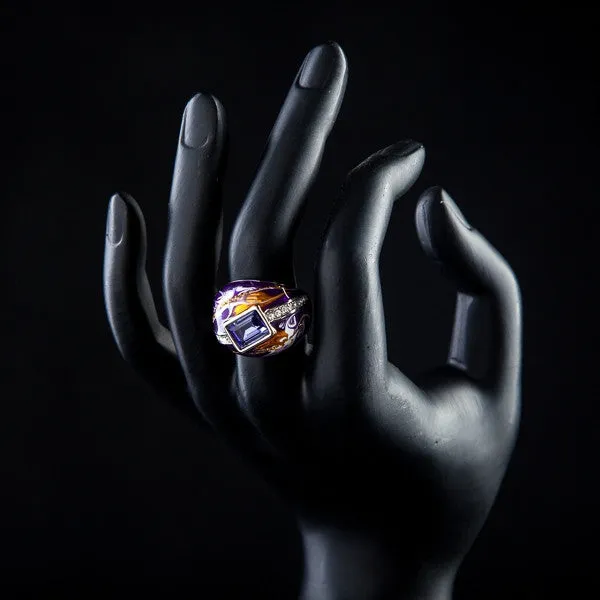 Royal Design Platinum Plated Stellux Austrian Crystal Multicolour Oil Painting Pattern Ring