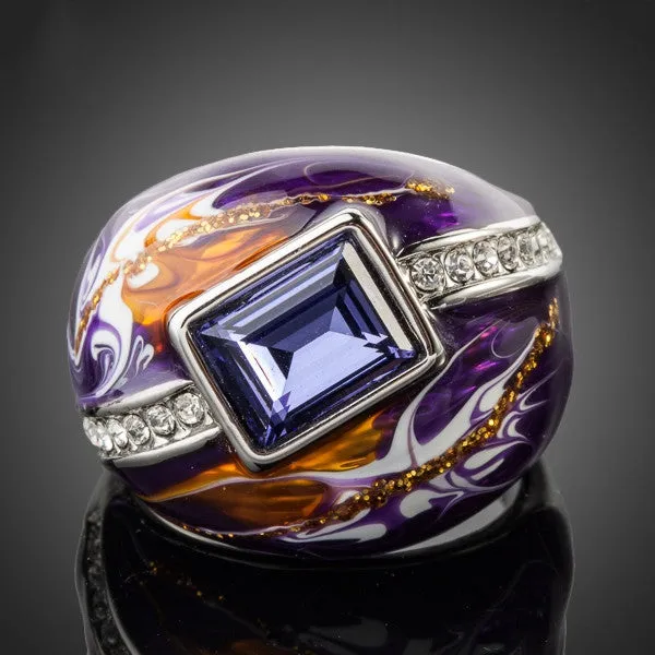 Royal Design Platinum Plated Stellux Austrian Crystal Multicolour Oil Painting Pattern Ring