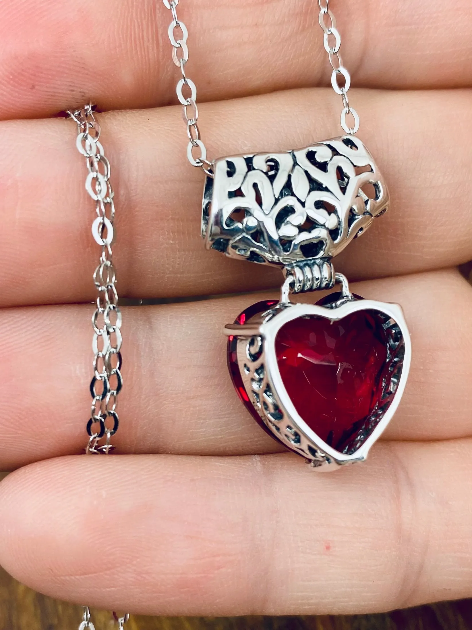 Ruby Heart Pendant, Heart Gemstone, Art Nouveau Necklace #P38 - Ready to Ship