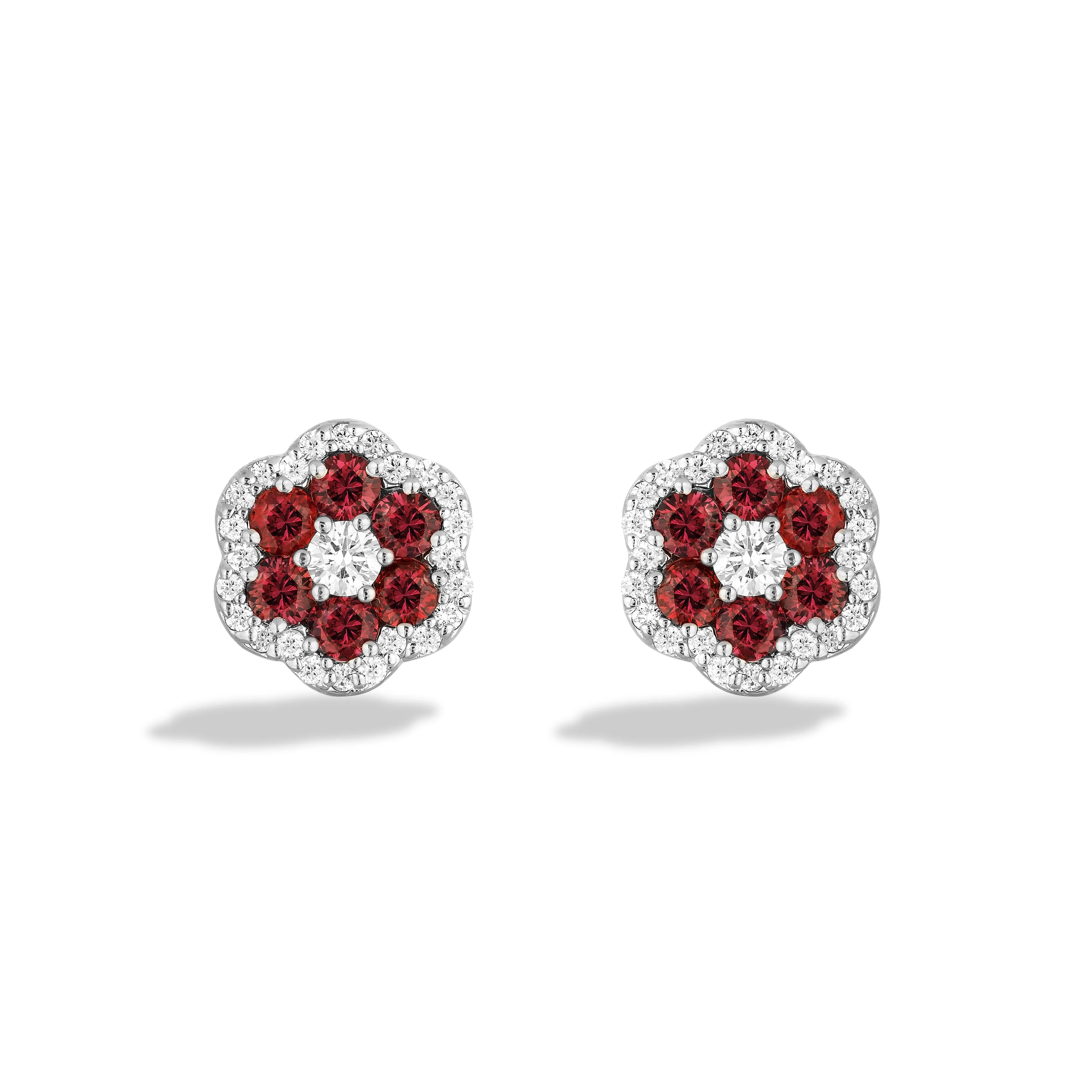 Sabel Collection 18K White Gold Ruby and Diamond Flower Stud Earrings