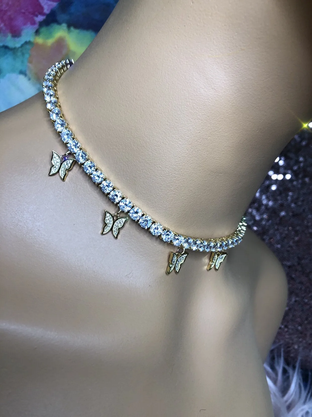 Sale butterfly tennis choker , cz tennis butterfly necklace , bling iced tennis butterfly, butterfly necklace