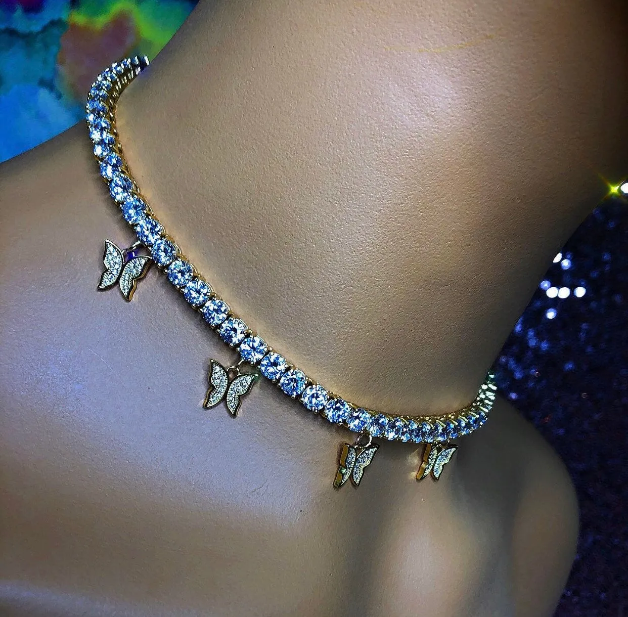 Sale butterfly tennis choker , cz tennis butterfly necklace , bling iced tennis butterfly, butterfly necklace