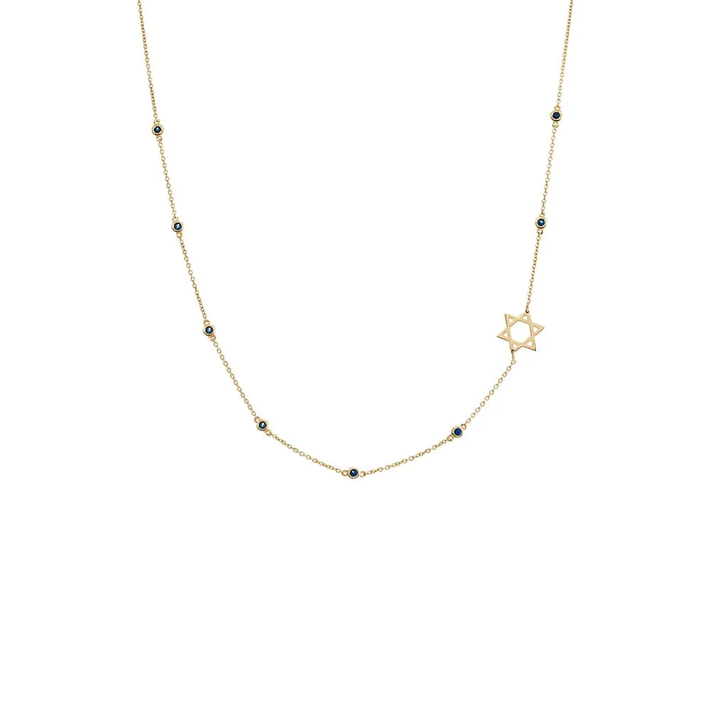Sapphire Blue Bezel Star Of David Necklace 14K