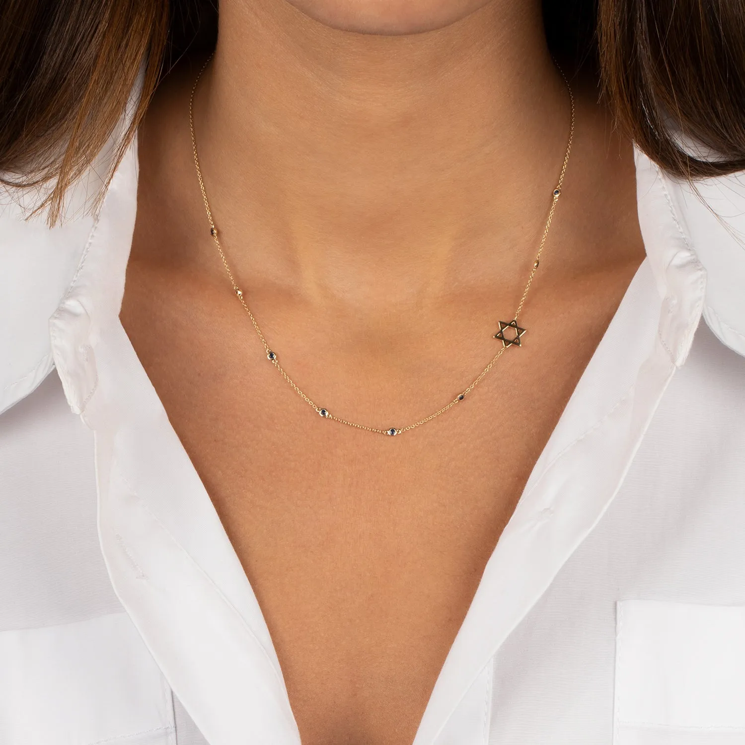 Sapphire Blue Bezel Star Of David Necklace 14K