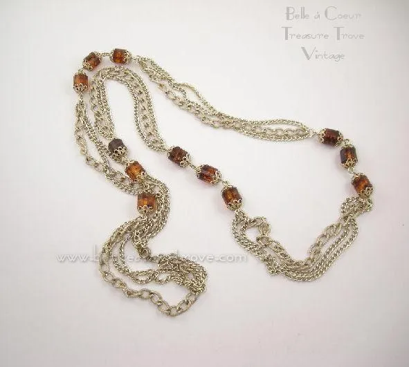 Sarah Coventry Vintage Necklace Long Chains Root Beer Beads Golden Lanterns