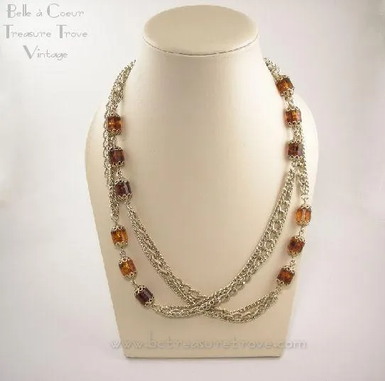 Sarah Coventry Vintage Necklace Long Chains Root Beer Beads Golden Lanterns
