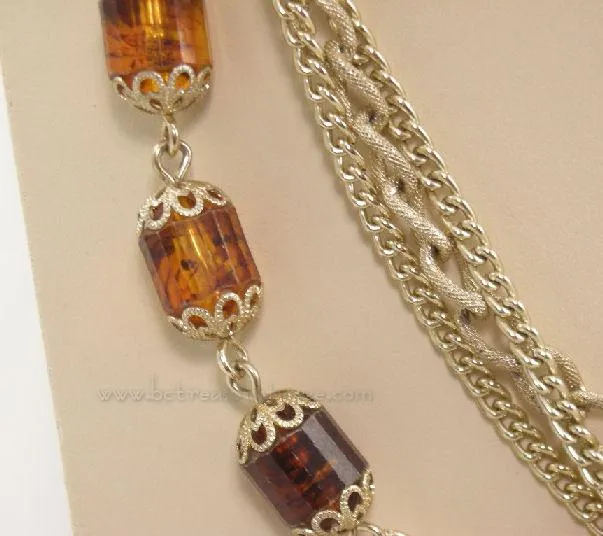 Sarah Coventry Vintage Necklace Long Chains Root Beer Beads Golden Lanterns