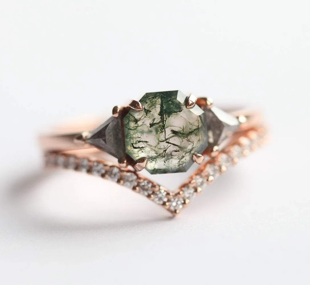 Sasha Octagon Moss Agate Ring With Diamond Band