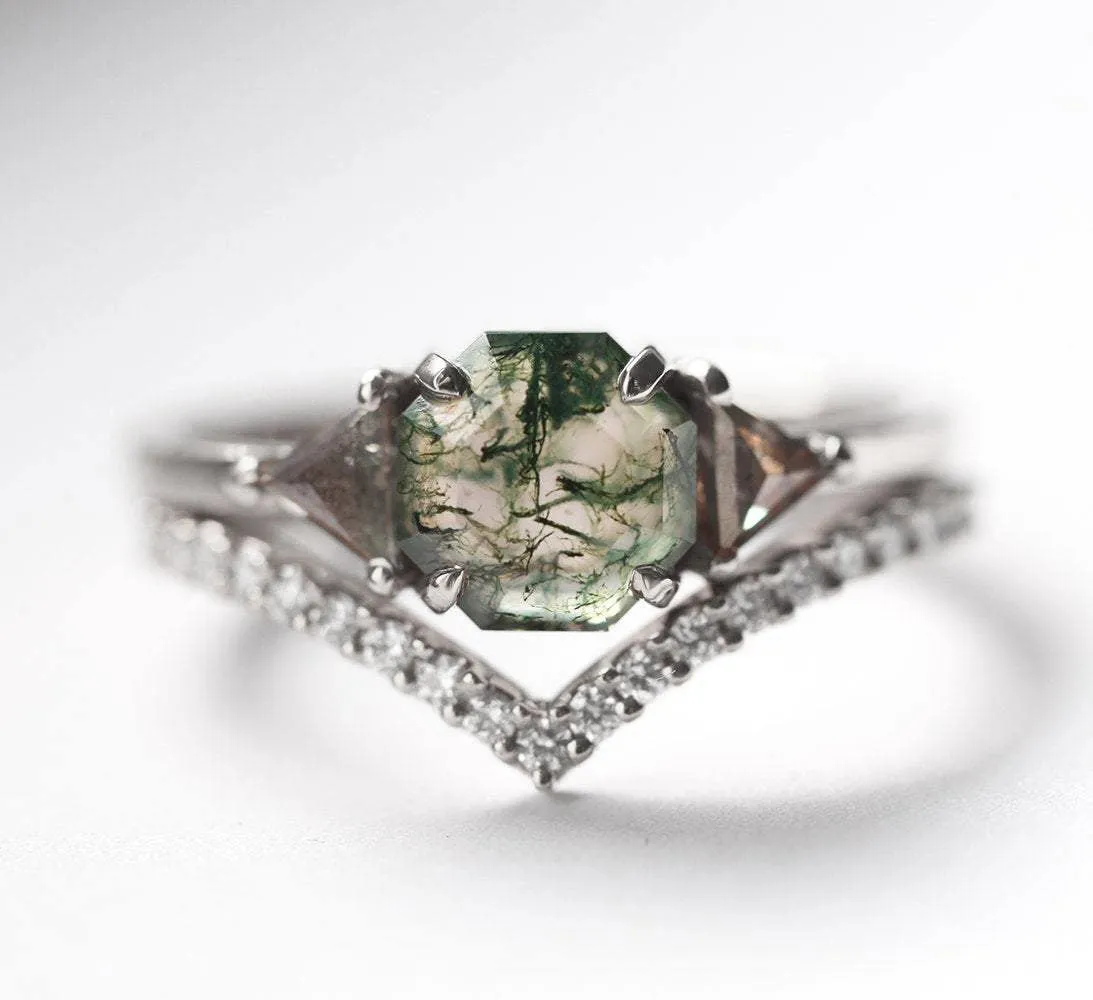 Sasha Octagon Moss Agate Ring With Diamond Band