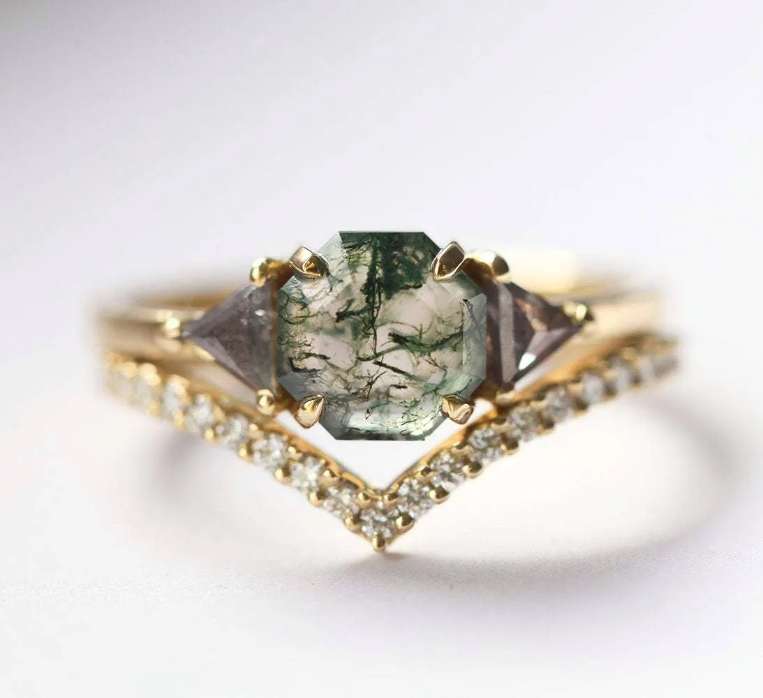 Sasha Octagon Moss Agate Ring With Diamond Band