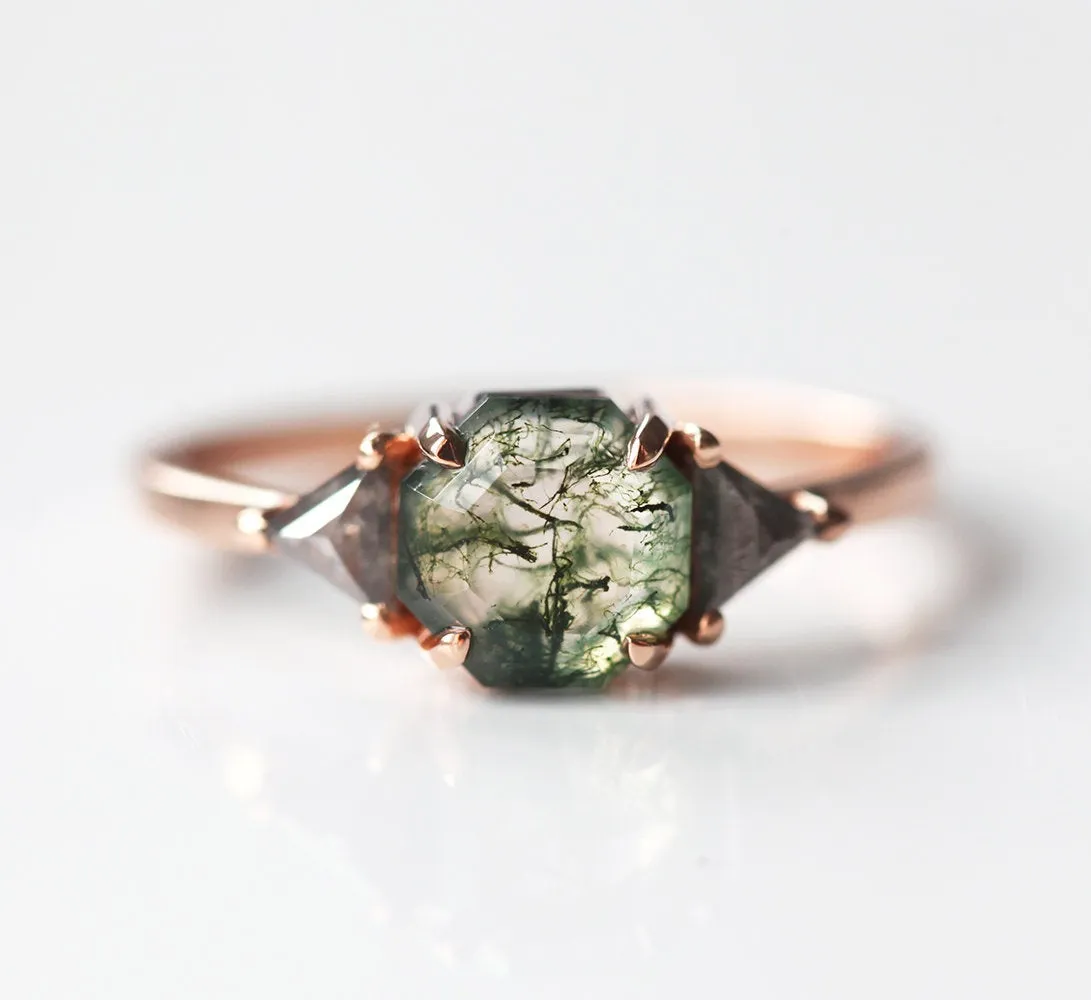 Sasha Octagon Moss Agate Ring With Diamond Band