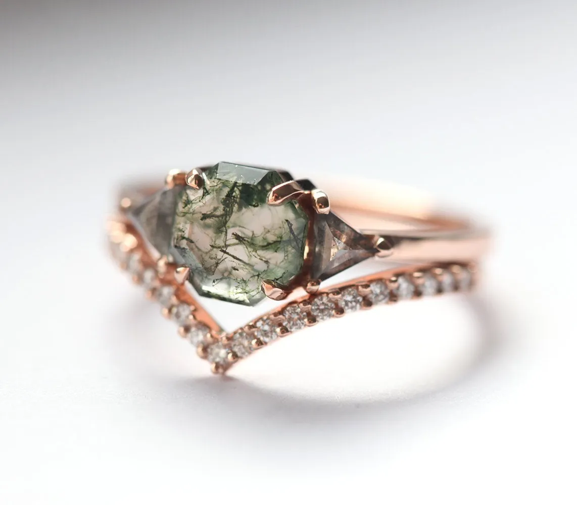 Sasha Octagon Moss Agate Ring With Diamond Band