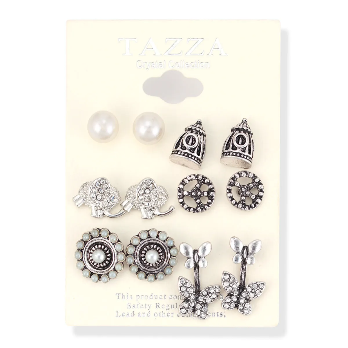 SET OF 6 PEARL CRYSTAL AND SILVER STUD  EARRINGS #SWR-CP5470