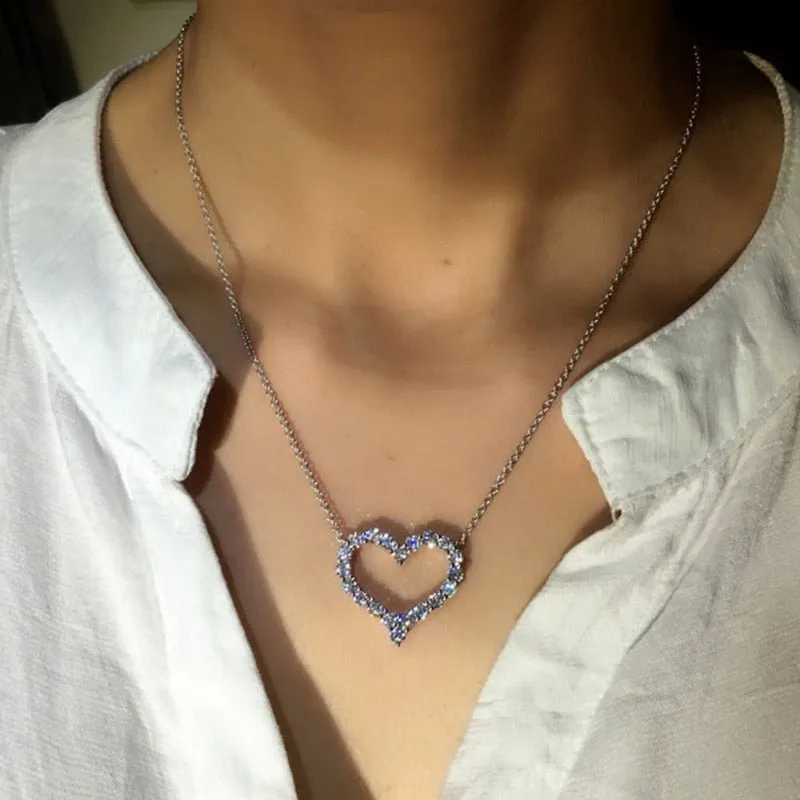 Shiny Hollow Heart Pendant Necklace  Zircon for Women Bridal Jewelry