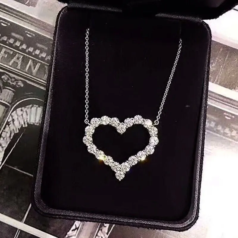 Shiny Hollow Heart Pendant Necklace  Zircon for Women Bridal Jewelry