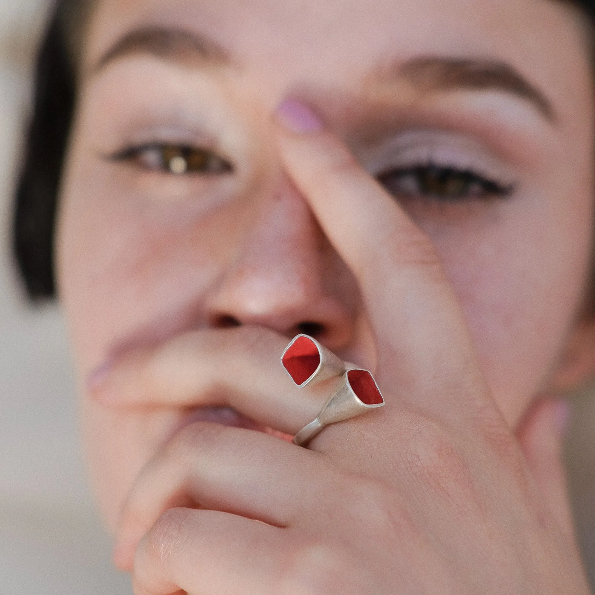 Silver and Red Enamel Interlaced Bells Ring