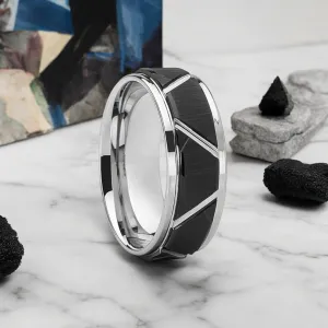 SILVERTROID | Silver Tungsten Ring, Black Trapezoid Design, Stepped Edge