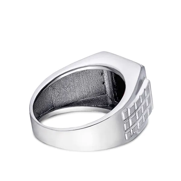 Solid 14K White Gold Estate Geometric Vintage Design Mens Onyx and Diamond Ring