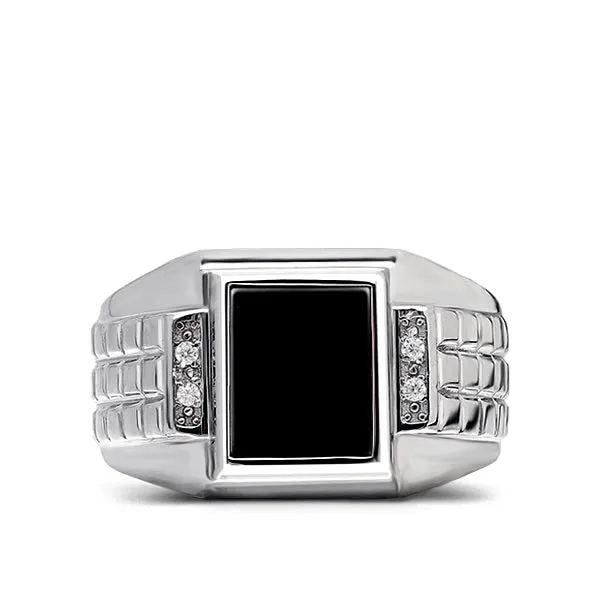 Solid 14K White Gold Estate Geometric Vintage Design Mens Onyx and Diamond Ring