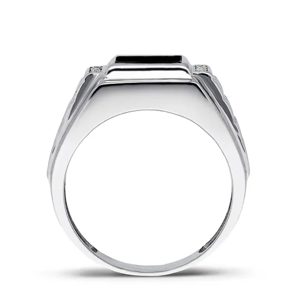 Solid 14K White Gold Estate Geometric Vintage Design Mens Onyx and Diamond Ring