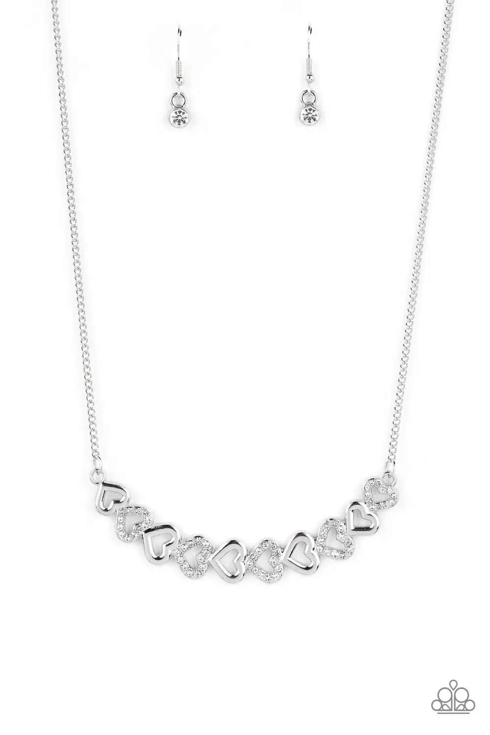 Sparkly Suitor - White - Rhinestone and Silver Heart Paparazzi Short Necklace