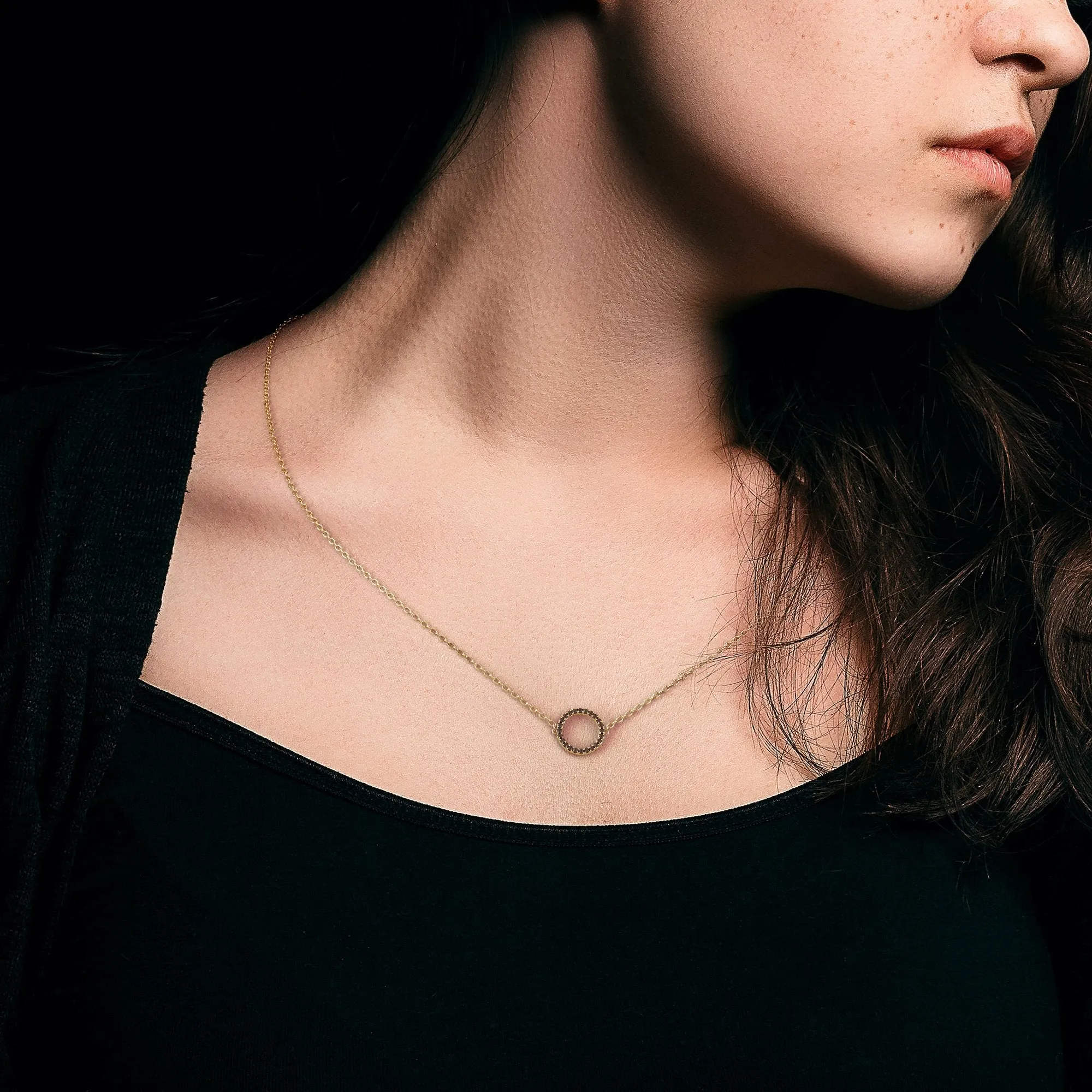 Spiral Planetary Natural Black Diamond Alternative Pendant with a Yellow Necklace