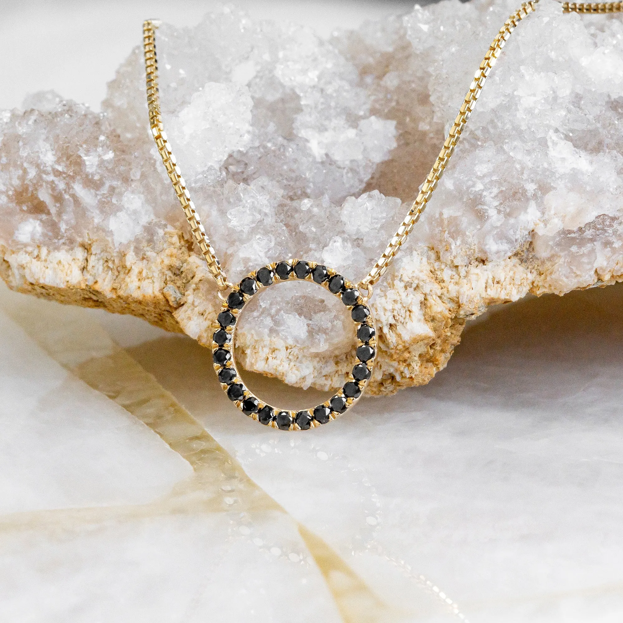 Spiral Planetary Natural Black Diamond Alternative Pendant with a Yellow Necklace