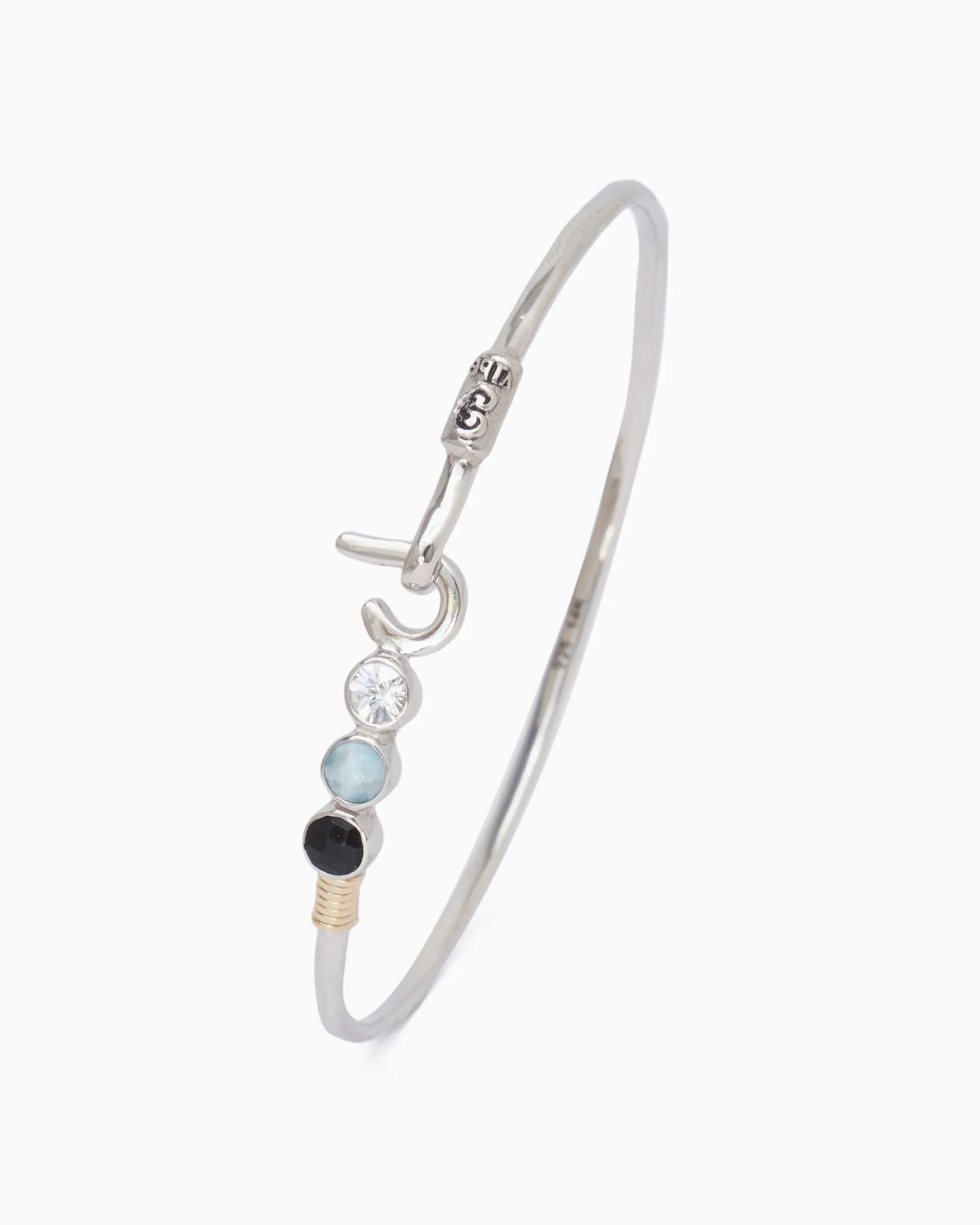 St. John Hook Bracelet with Triple Stones, 2mm - Black Onyx/Larimar/White Zircon