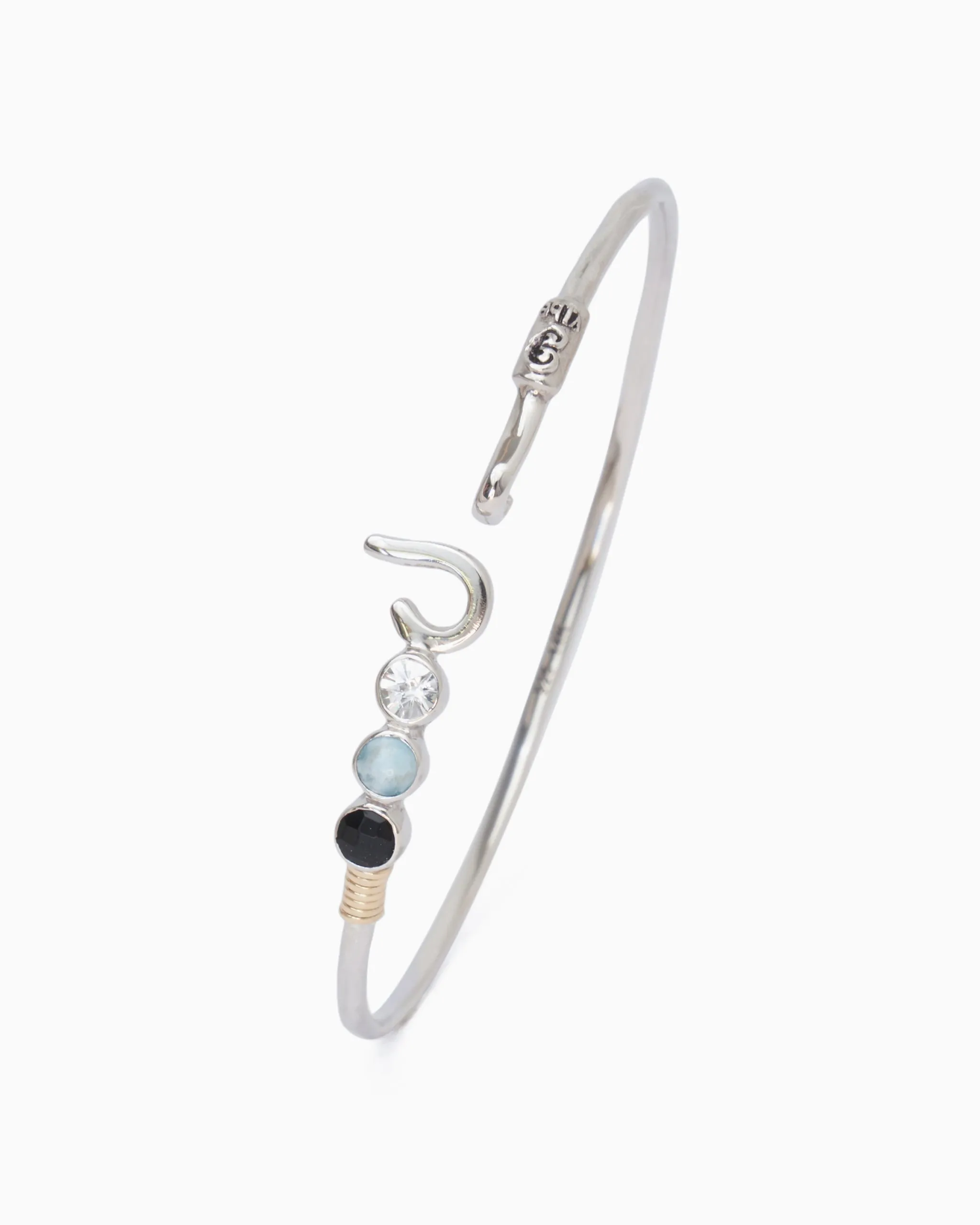 St. John Hook Bracelet with Triple Stones, 2mm - Black Onyx/Larimar/White Zircon