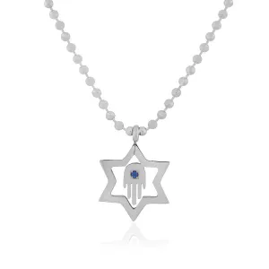 Stainless Steel Jewish Star of David Silver-Tone Hamsa Blue CZ Pendant Necklace, 24"