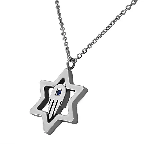Stainless Steel Jewish Star of David Silver-Tone Hamsa Blue CZ Pendant Necklace, 24"