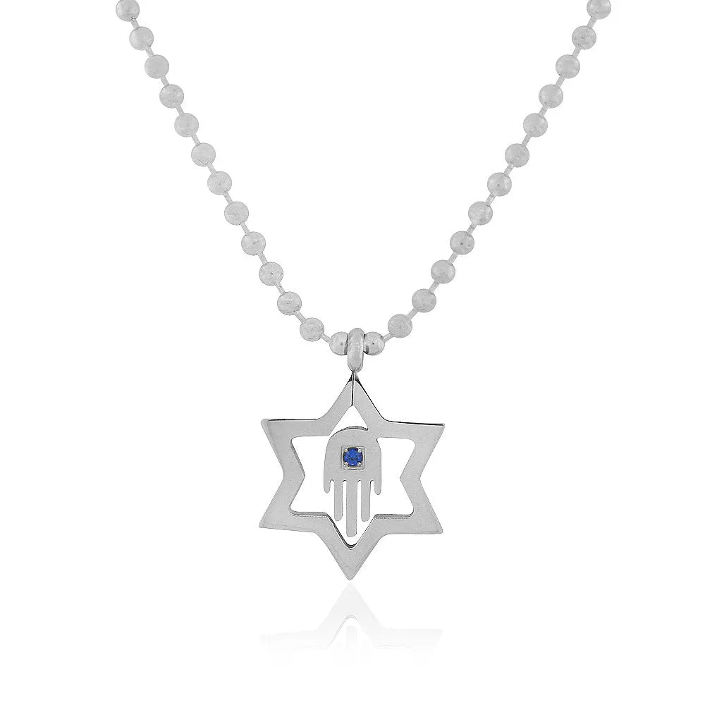 Stainless Steel Jewish Star of David Silver-Tone Hamsa Blue CZ Pendant Necklace, 24"