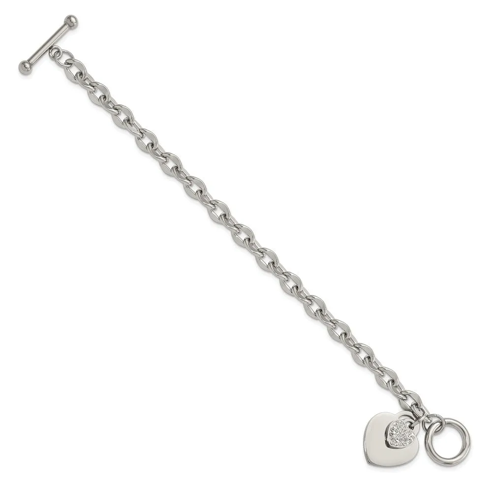 Stainless Steel Polished Two Hearts with CZ 7.5in Toggle Bracelet