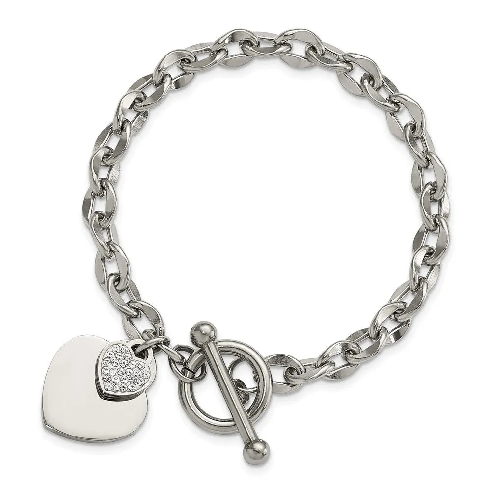 Stainless Steel Polished Two Hearts with CZ 7.5in Toggle Bracelet